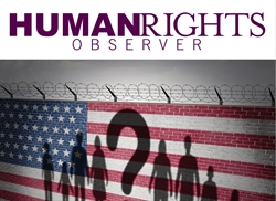 [ai] A graphic featuring the text "HUMAN RIGHTS OBSERVER" at the top, above a large American flag with shadows of people and a large question mark in the center, symbolizing questions about human rights.